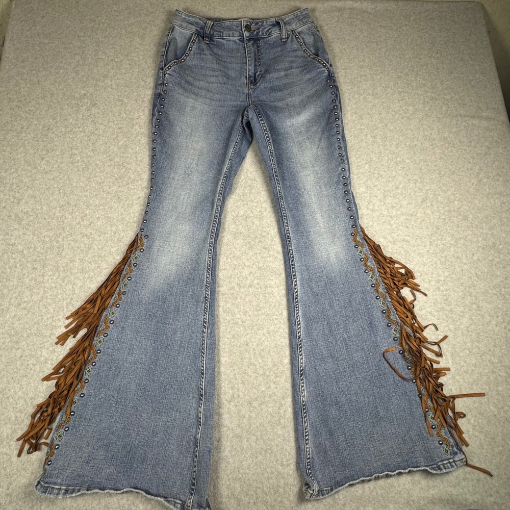 Shyanne Womens Fringe Embroidered Flare Leg Western Jeans Blue Size 29 Regular